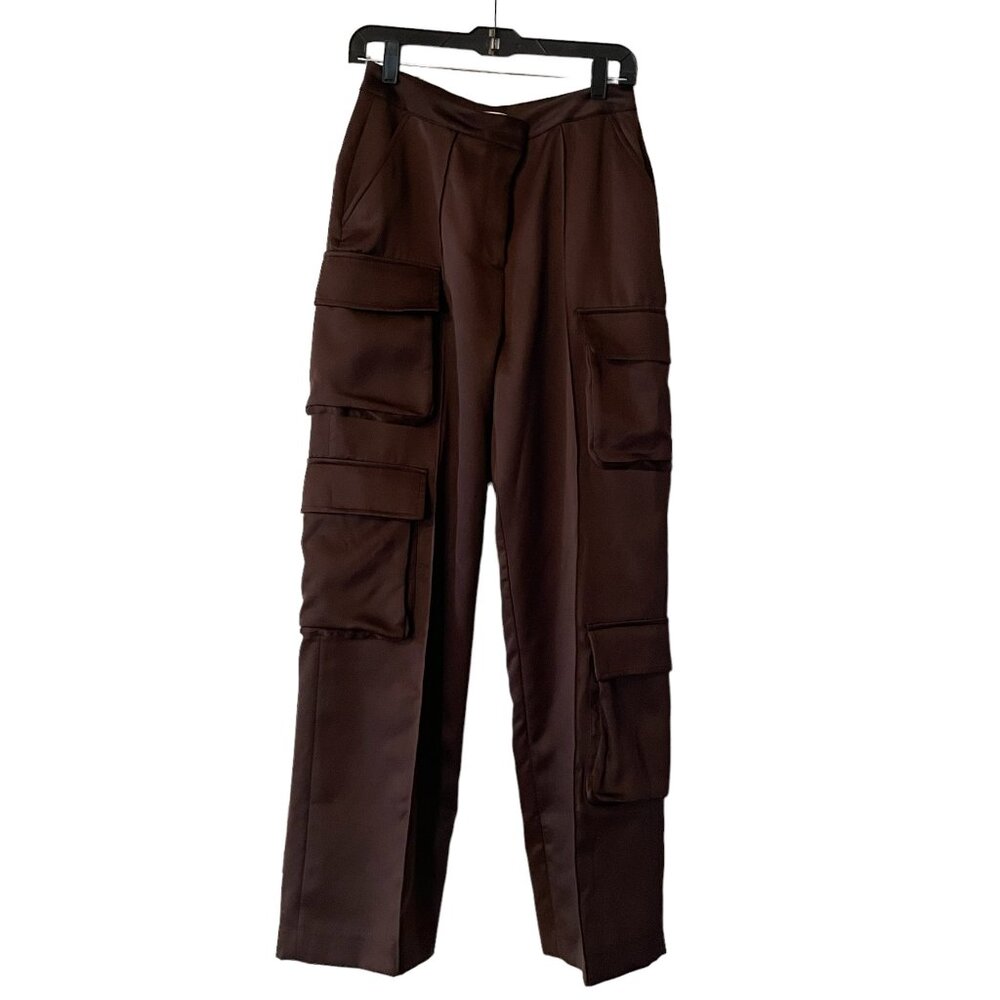 HOUSE OF CB Chocolate Brown Daria Satin Cargo Trousers Size Medium Long